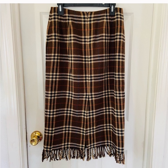 WORTHINGTON plaid brown blanket fringe wool midi skirt - Picture 2 of 6